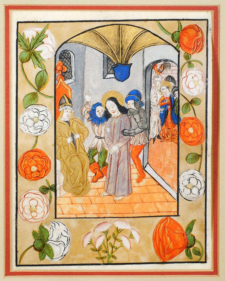 Item #105895 Christ before Caiaphas. Illuminated manuscript leaf on vellum.