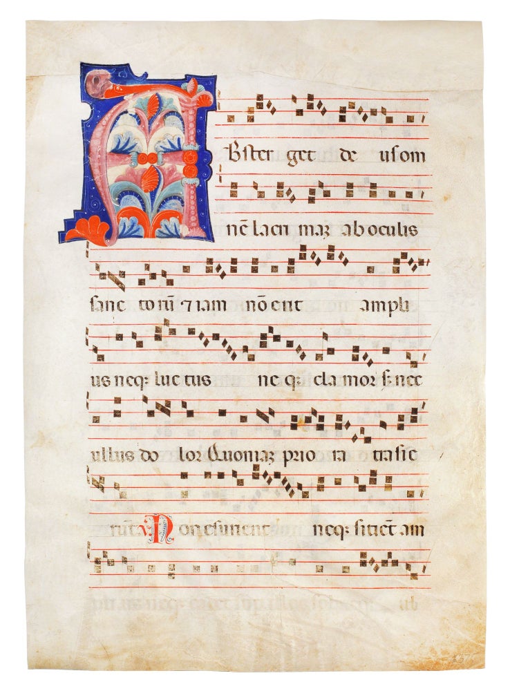 Item #105910 Antiphonal in Latin. Illuminated manuscript leaf on vellum.