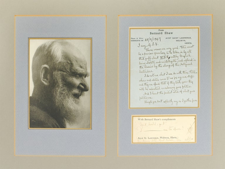 Item #106092 Autograph Letter Signed to George Sylvester Viereck [and] Compliments slip with an inscription. George Bernard Shaw.