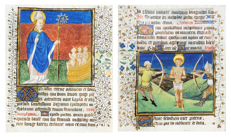 Item #107057 Illuminated leaf from a Book of Hours with St. Nicholas and St. Sebastian. Illuminated manuscript leaf on vellum.