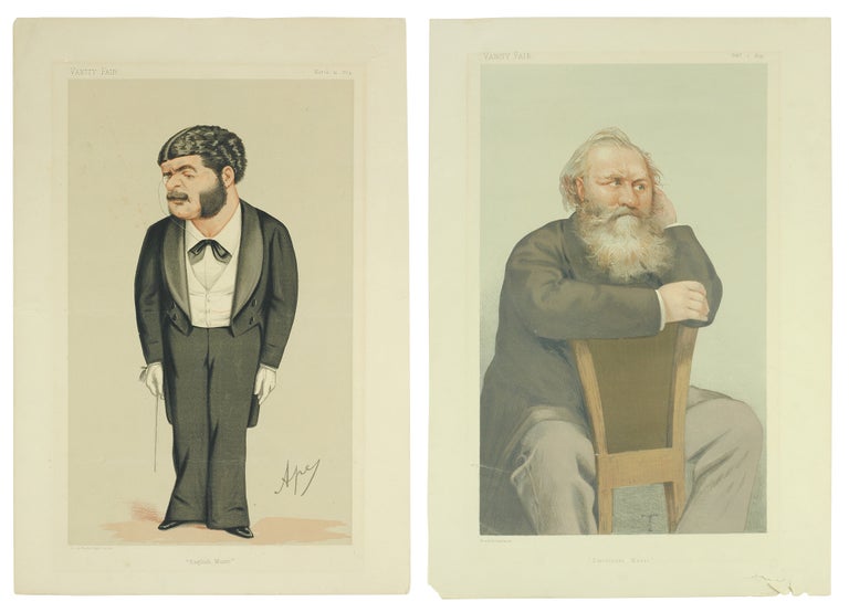 Item #108146 Caricature portraits of composers Charles-François Gounod and Arthur Sullivan, captioned ”English Music” and “Emotional Music”. Caricatures, Vanity Fair.