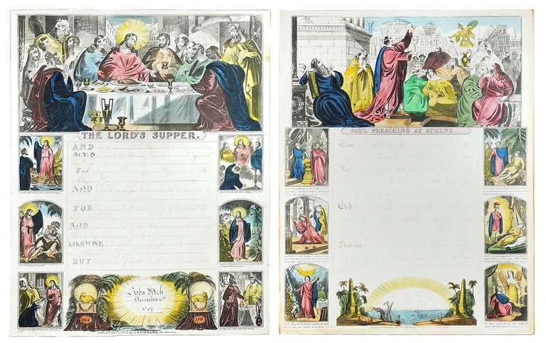 Item #109228 Writing blanks depicting “The Lord’s Supper” [and] “Paul Preaching at Athens’, inscribed with handwriting exercises by the same person a year apart. John Fairburn Writing Blanks.