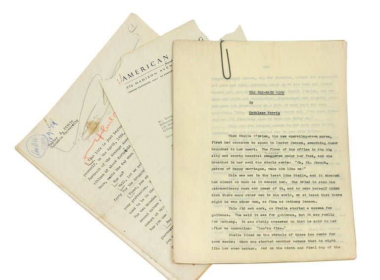 Item #110781 "The Old-Maid Wife," the corrected typescript of a short story [together with] an original typescript of an article by the author of "Life Begins at 40." Kathleen Pitkin Norris, Walter B., and.