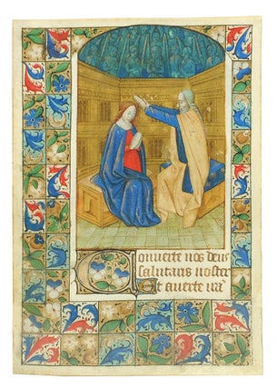 Coronation of the Virgin, miniature from a Book of Hours. Illuminated manuscript leaf on vellum.