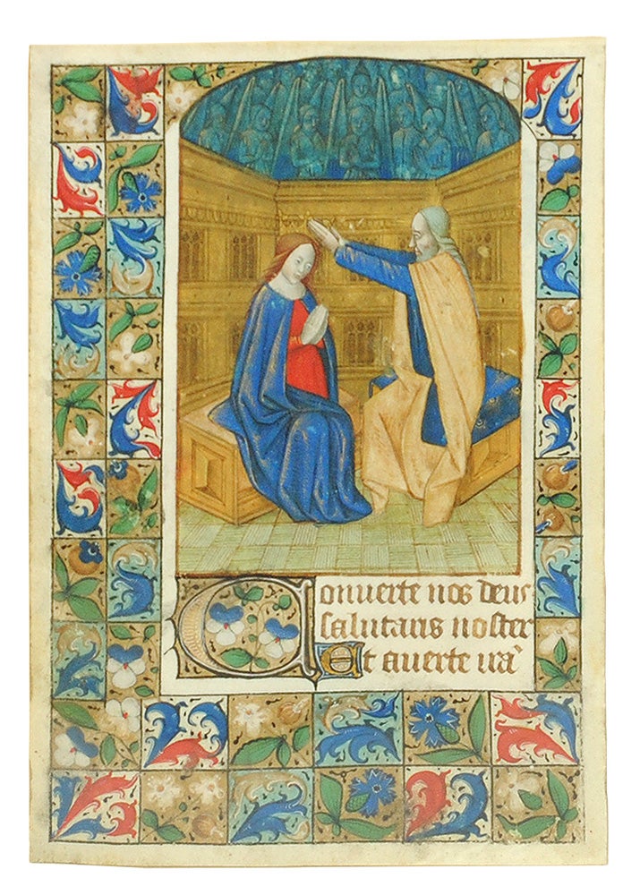 Item #122865 Coronation of the Virgin, miniature from a Book of Hours. Illuminated manuscript leaf on vellum.