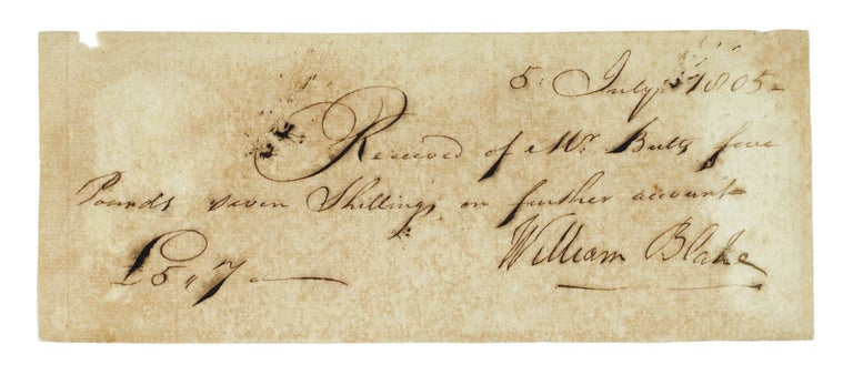 Item #123009 Autograph document signed, being a receipt made out by Butts and signed by Blake for Blake's greatest paintings. William Blake.