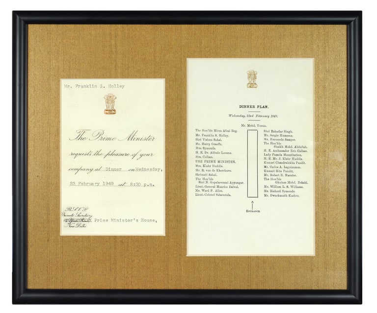 Item #124772 Original invitation and seating plan for a dinner held by Jawaharlal Nehru, Prime Minister of the Dominion of India, on 23 February, 1949. Kashmir, Jawaharlal Nehru.