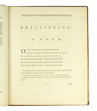 Retaliation; a Poem. Containing Epitaphs on David Garrick, Esq., Edmund Burke, Esq.; Dr. Cumberland; Sir Joshua Reynolds; Dr. Douglas; The Dean of Derry &c &c... The Eight Edition, with large Additions. Particularly, The Hermit, The Gift, Essay on Friendship, Sabinus and Olinda... to which is added some Account of his Life... [and] The Traveller, a Poem [and] The Deserted Village...