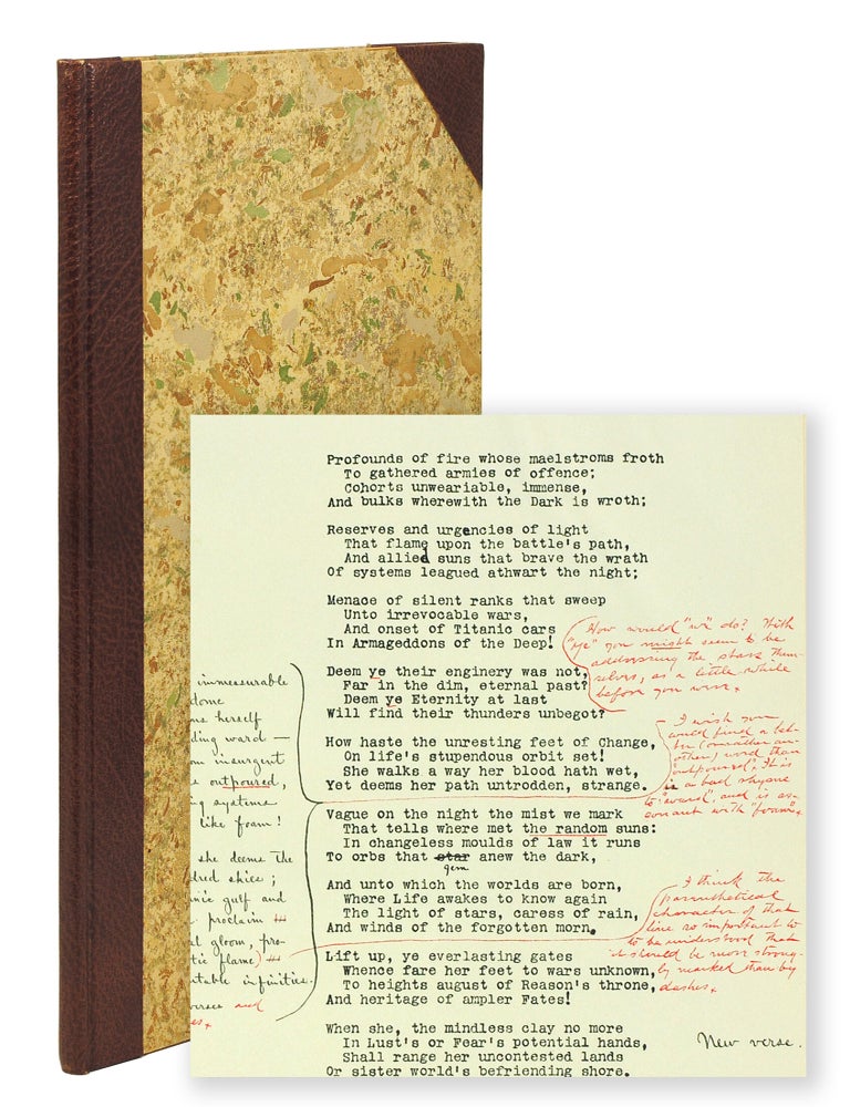 Item #126544 The Testimony of the Suns. Including Comments, Suggestions and Annotations. A Facsimile of the Original Typewritten Manuscript with the Marginal Notes by George Sterling in black ink and the Comments by Ambrose Bierce in red ink. George. Bierce Sterling, Ambrose, commentary.
