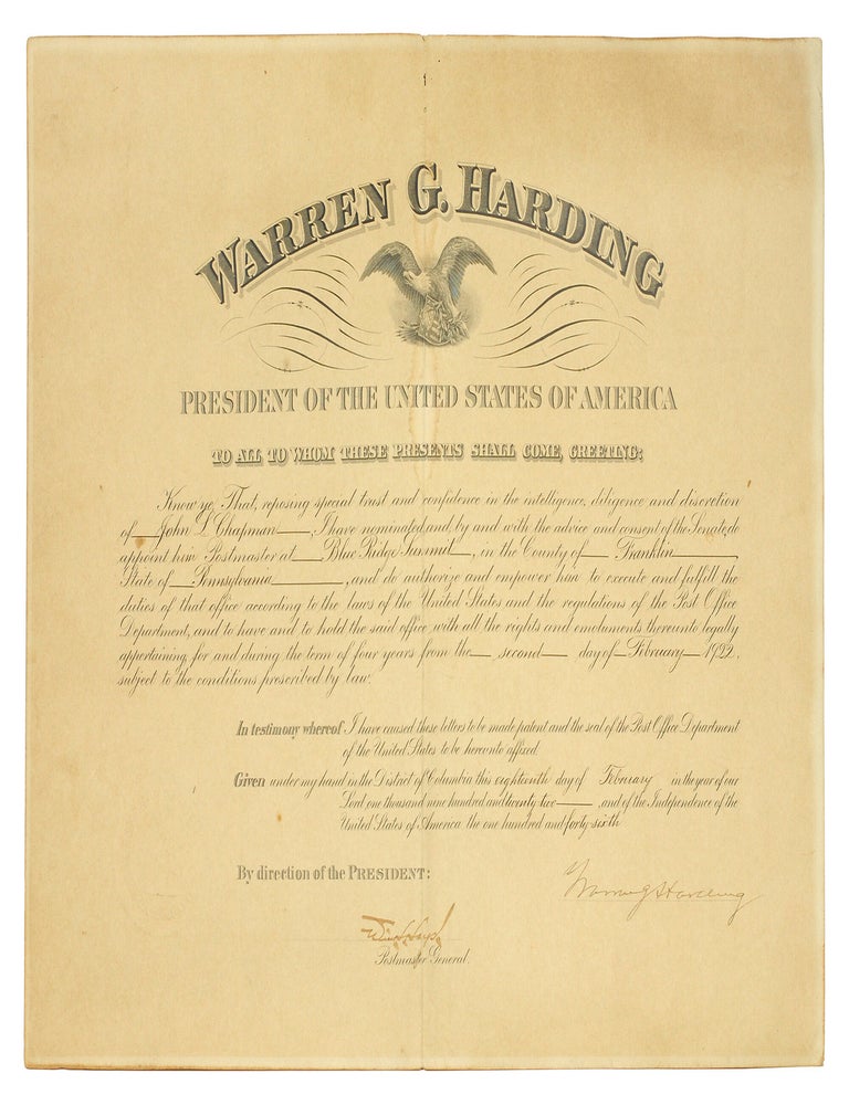 Item #127265 Commission signed by President Warren Harding appointing John L. Chapman Postmaster at Blue Ridge Summit, Pennsylvania. Warren Harding.