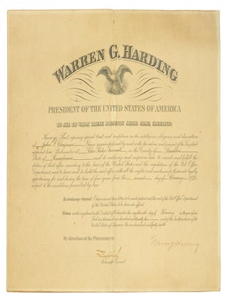 Commission signed by President Warren Harding appointing John L. Chapman Postmaster at Blue Ridge...
