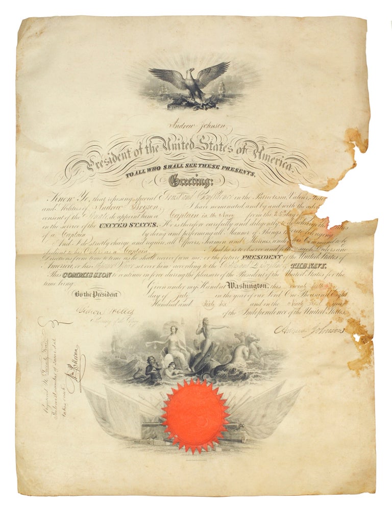 Item #127266 Naval commission appointing Andrew Bryson Captain in the Navy with steel engraved stamp of Andrew Johnson. Andrew Johnson.