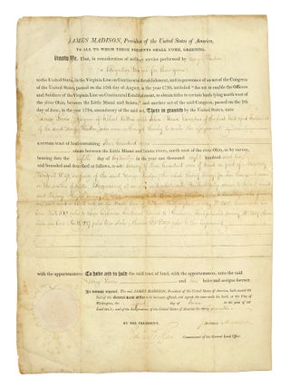 Bounty Land Grant signed by James Madison awarding 400 acres to George Lewis, assignee of the...
